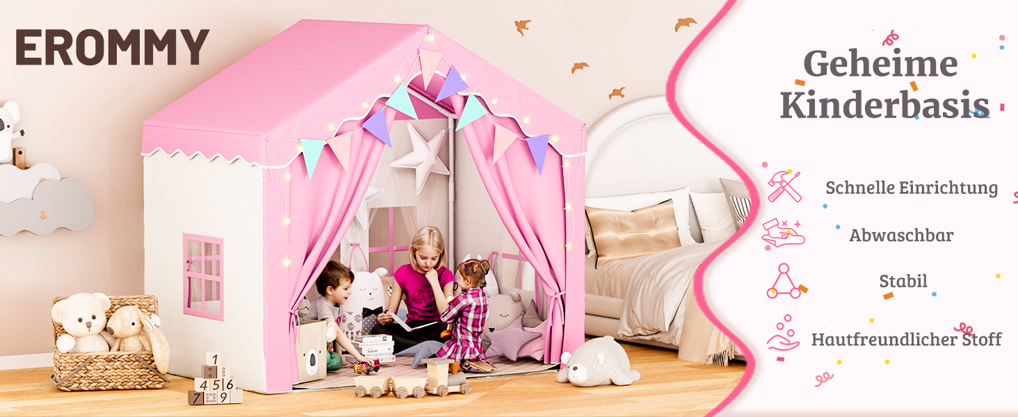 Дитяче намет-ігровий будиночок EROMMY 2-в-1 з килимком, прапорцями та світлодіодними смугами, з двома дверцятами, з даховим віконцем, для дому, 3+ роки (Рожевий)