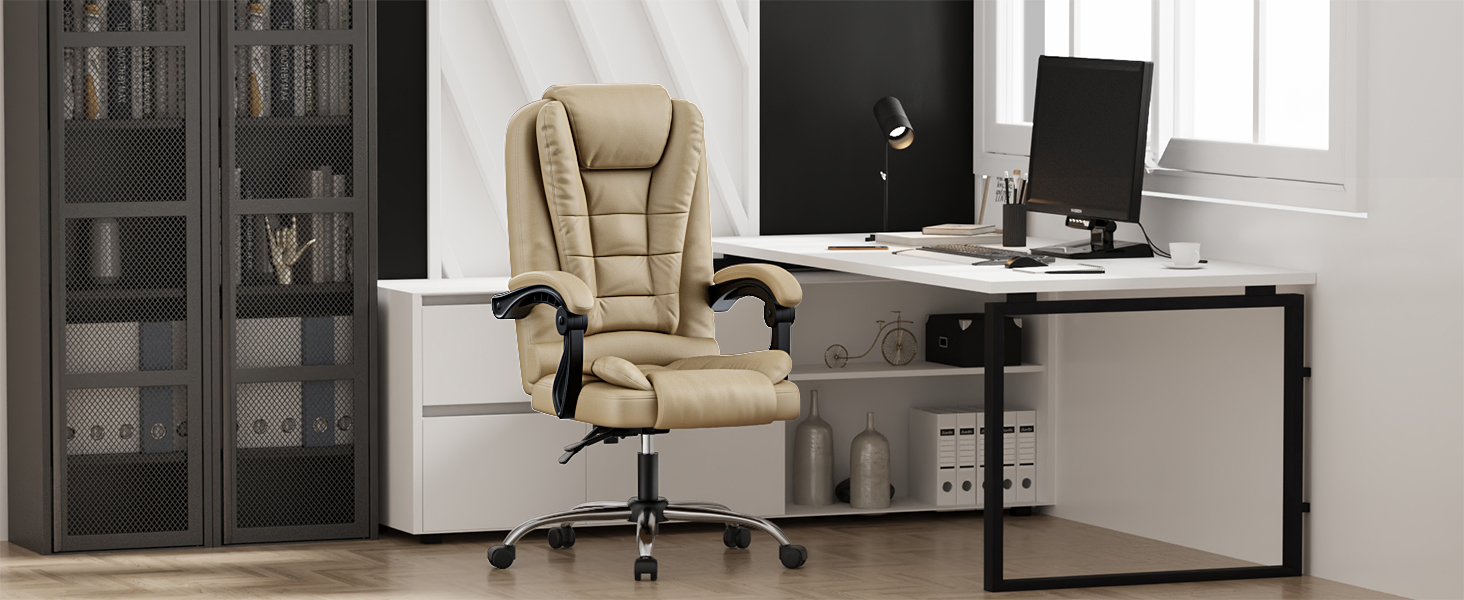 Офісний крісло Chefsessel з високою спинкою, ергономічне, оббите PU шкірою, регульоване по висоті, з підлокітниками, поворотне, хакі