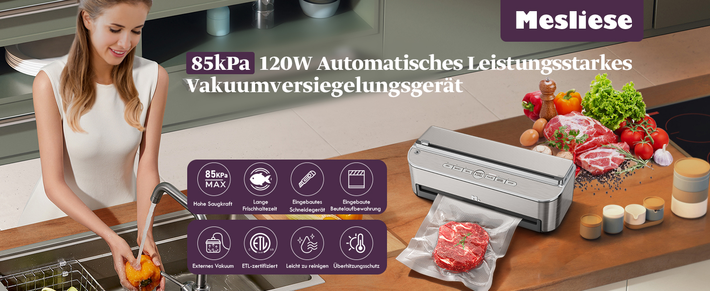 Вакууматор Mesliese 85kPa 120W для продуктів, автоматична машина для вакуумного пакування з вбудованим різаком та відсіком для пакетів, сталь, 2 рулони в комплекті