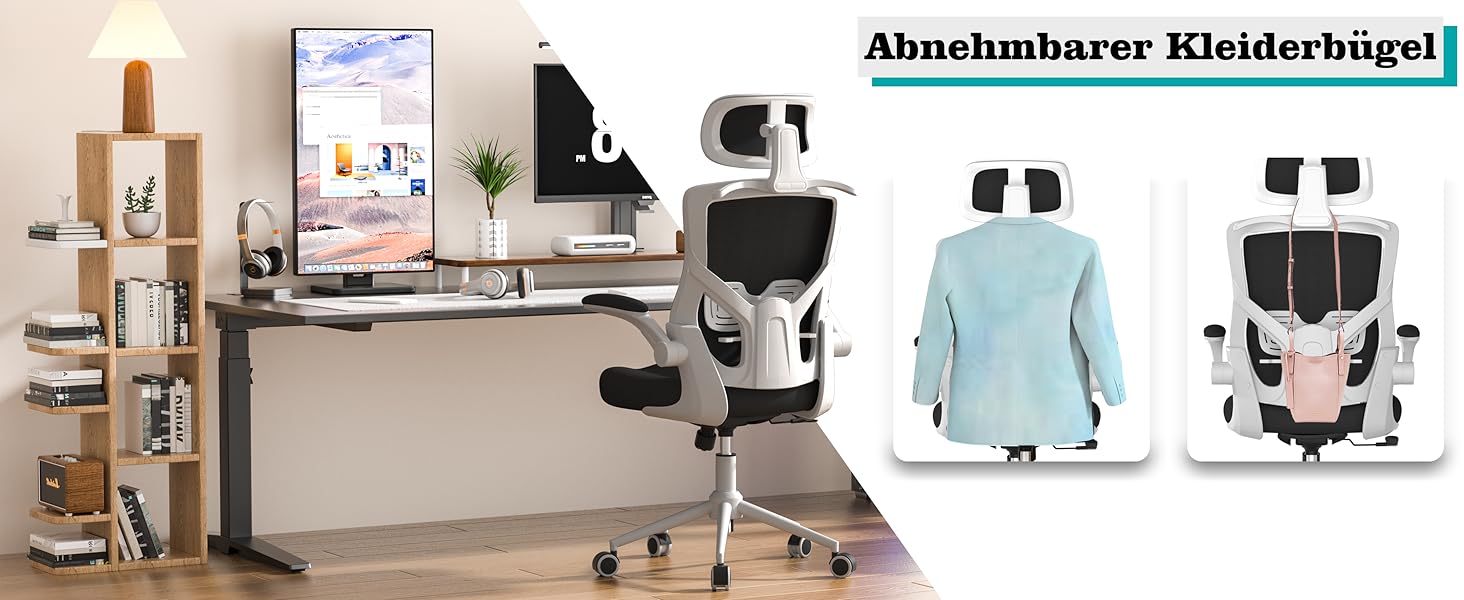 Ергономічне крісло для офісу з регульованою підголівником та поперековою підтримкою – високе офісне крісло з сітчастою спинкою та м'яким сидінням, вішалка для одягу та функцією блокування (Чорний колір з білим каркасом)