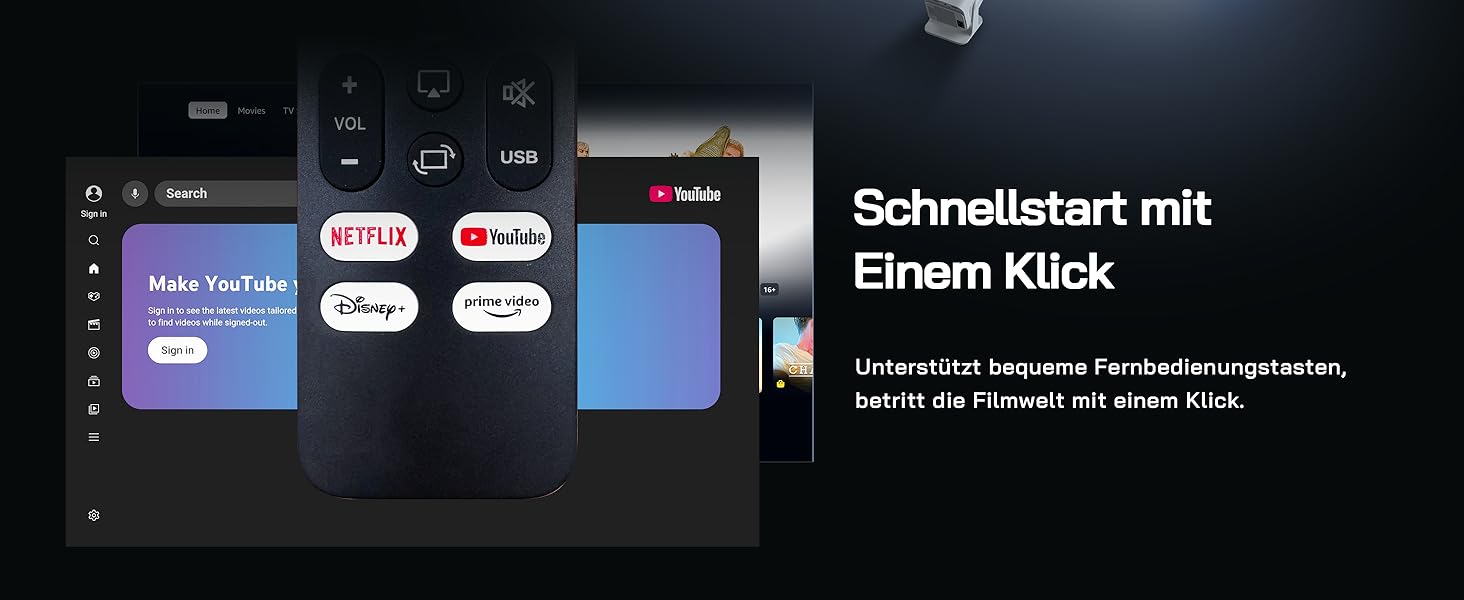 WOLFANG Міні проєктор 4K з Netflix, 26000 люмен, WiFi 6, Smart, 50% Zoom, 180° обертання, сумісний з TV Stick, iOS, Android, PC, PS5, HDMI, AV