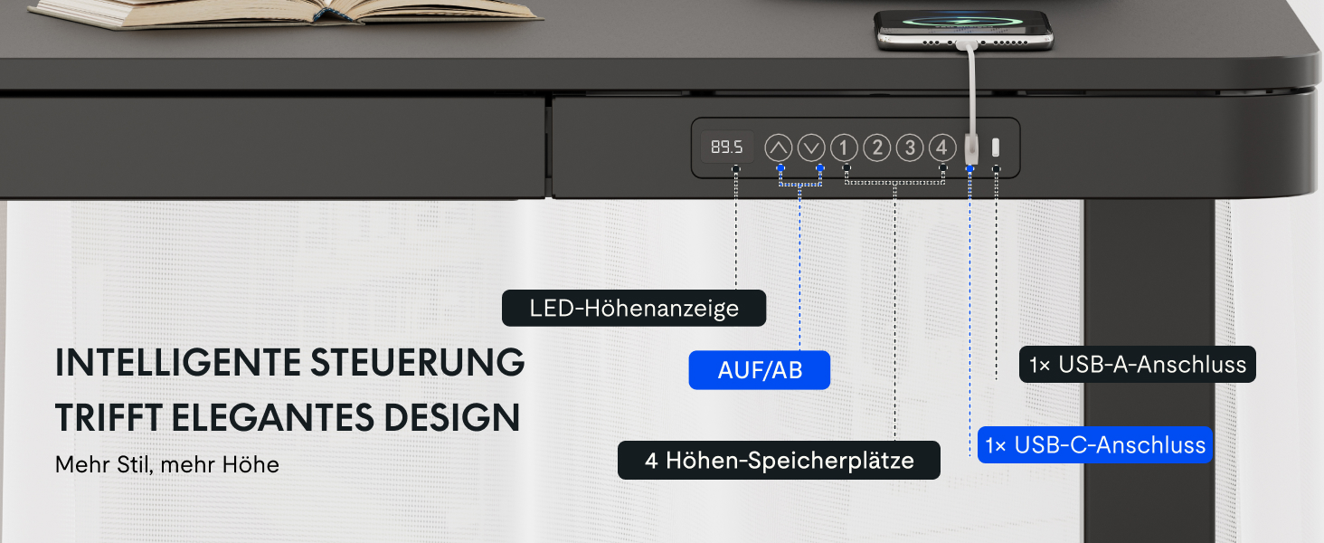 Електричний регульований стіл FLEXISPOT з підйомною функцією, USB-порт, ящик для зберігання та скляною стільницею (сніжно-білий), 140 x 70 см, Luxusschwarz