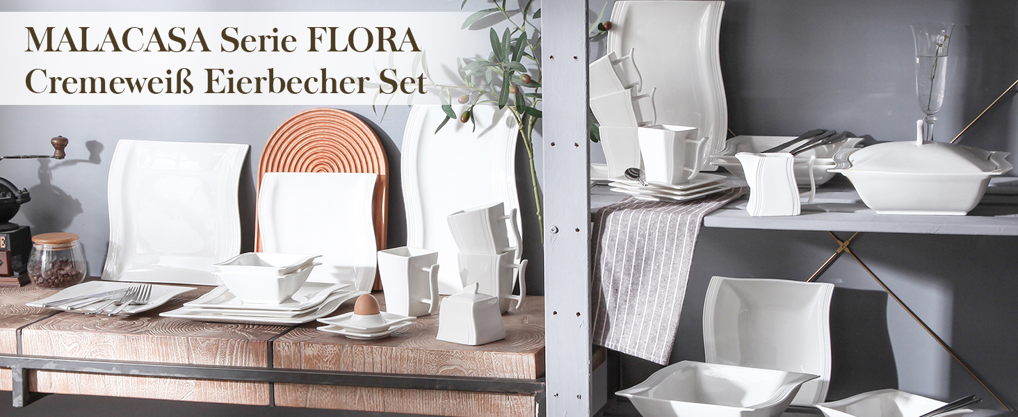 MALACASA Серія Flora – 60-кількісний сервіз для 12 осіб – кремово-біле порцелянове посуд у квадратному дизайні (тарілки, чашки, блюдця) – придатний для миття в посудомийній машині та мікрохвильовій печі, білий