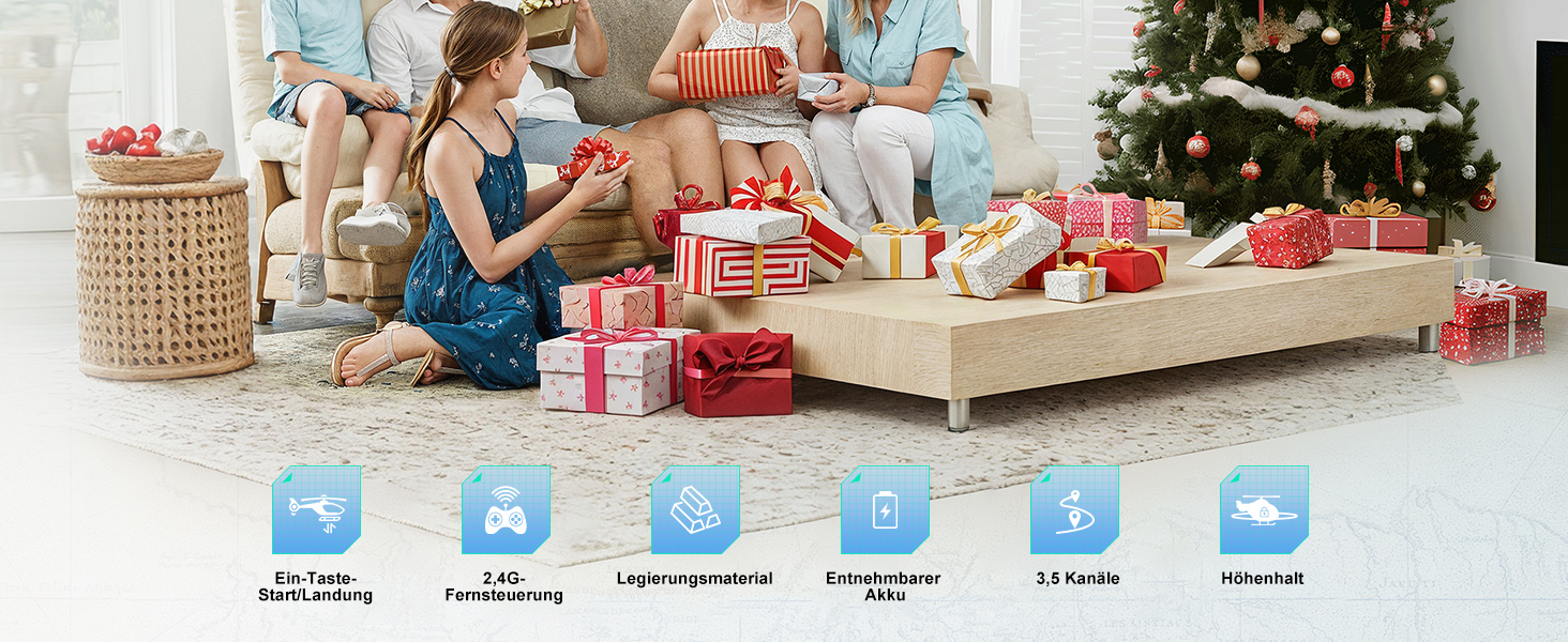 RC Гелікоптер XIKOTEC на радіокеруванні з 2 акумуляторами, LED підсвічуванням, автоматичним злетом/посадкою - іграшка для хлопчиків від 8 років, синій