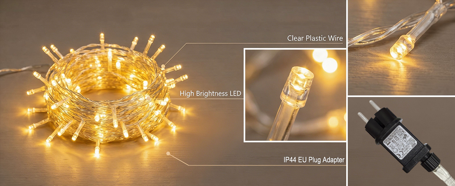 Світлодіодна гірлянда LED 800 вогнів, 60м, теплий білий колір, прозорий кабель, для внутрішнього та зовнішнього використання