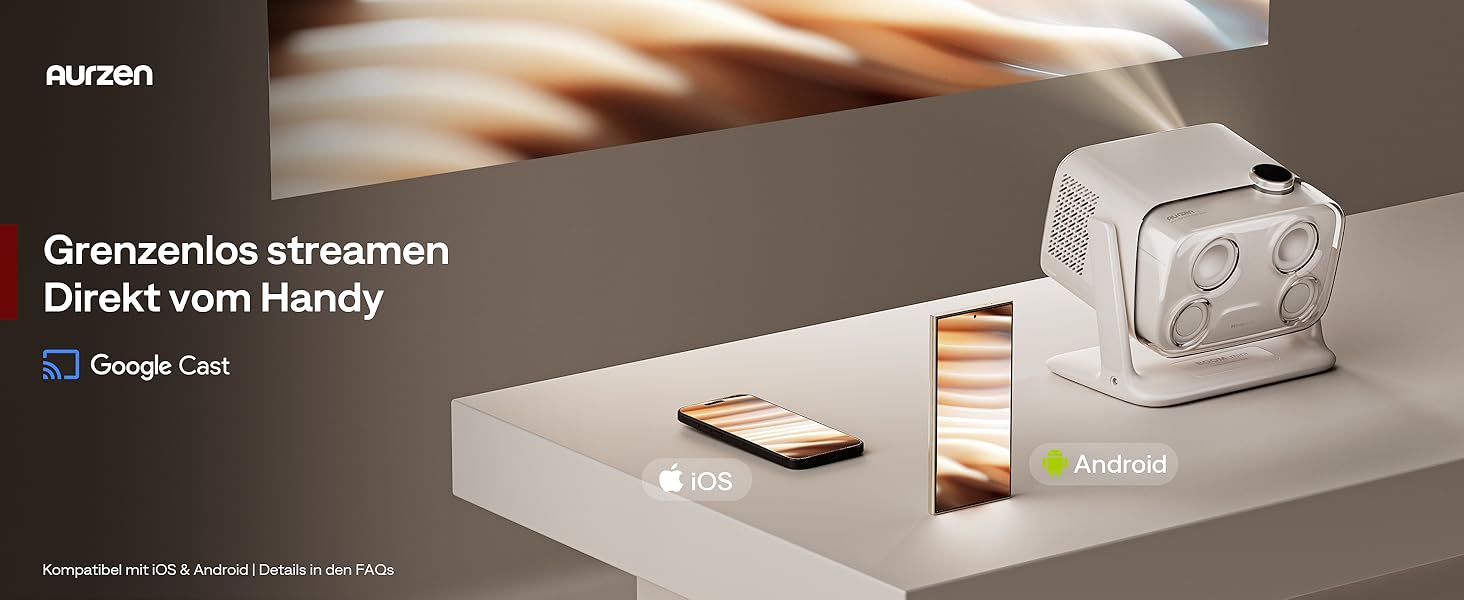 Aurzen Boom Mini 4-в-1 Smart Beamer з Google TV, 4K, проєктор для дому та на вулицю, 20W Dolby Audio, 500 ANSI, ToF автофокус, корекція трапеції, Wi-Fi/Bluetooth, підтримка смартфонів (кремовий)