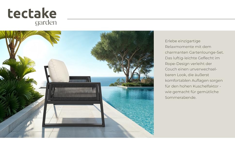 Набір садово-розсудних меблів tectake® Rope Design для саду/балкону: 2 крісла, диван, стіл з імітацією дерева, 4 посадочні місця, з подушками, вологостійкий