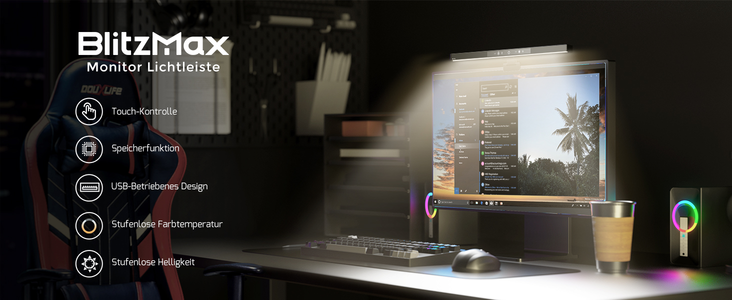 LED лампа для комп'ютера USB, світлодіодна стрічка для монітора, сенсорна настільна лампа з пам'яттю та регулюванням яскравості, 5 колірних температур, для дому та офісу, сучасний дизайн