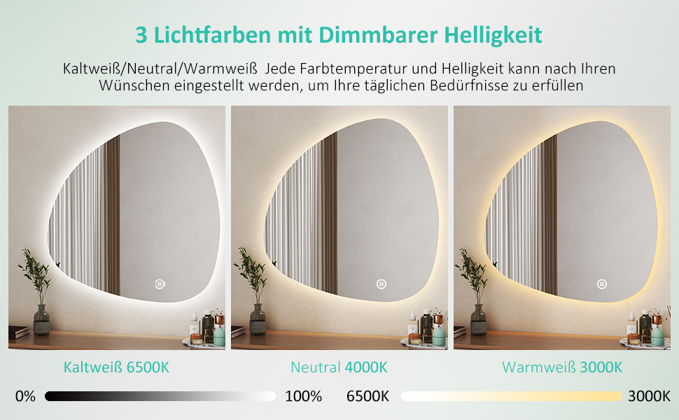 Асиметричне дзеркало для ванної кімнати Boromal з підсвічуванням 80x80 см LED, сенсорне керування, 3 кольори світла, регулювання яскравості