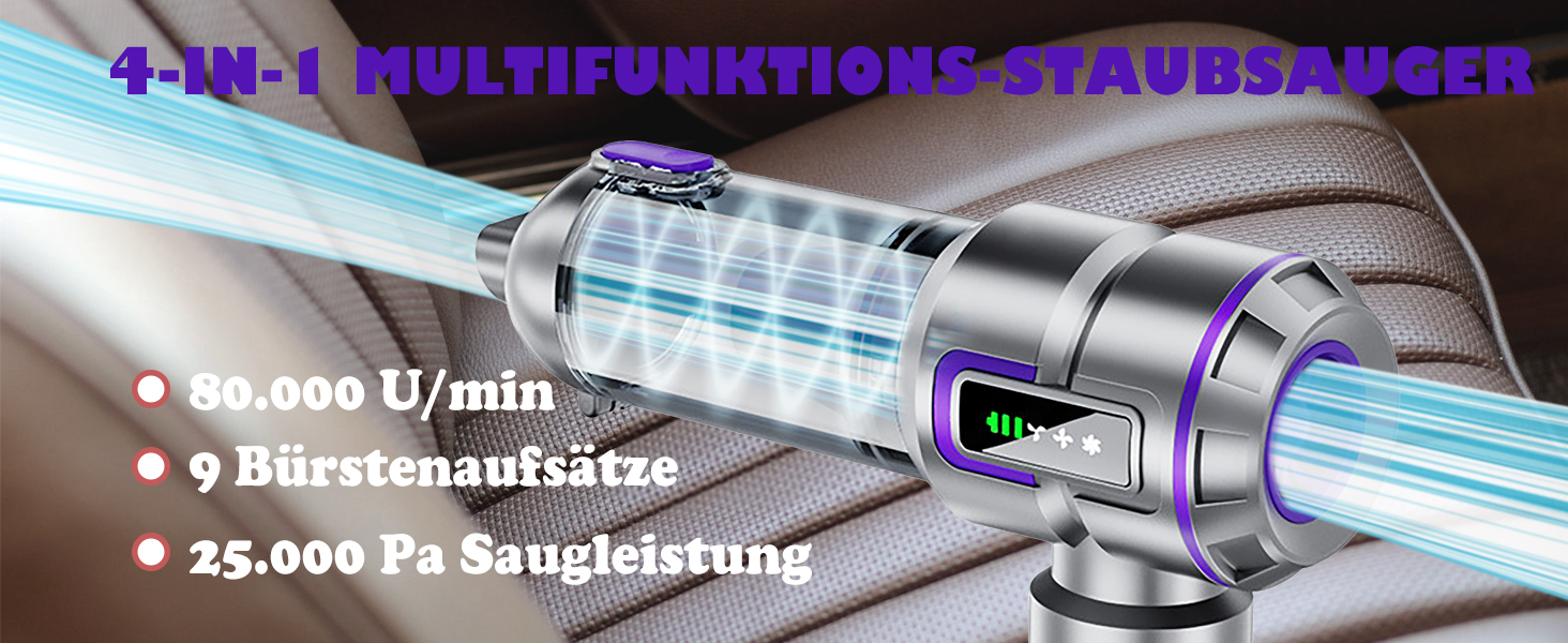 Акумуляторний ручний пилосмок 25000Па 100W з безщітковим двигуном, функцією видування та всмоктування, 6000mAh, 3 режими роботи, для авто, дому та офісу