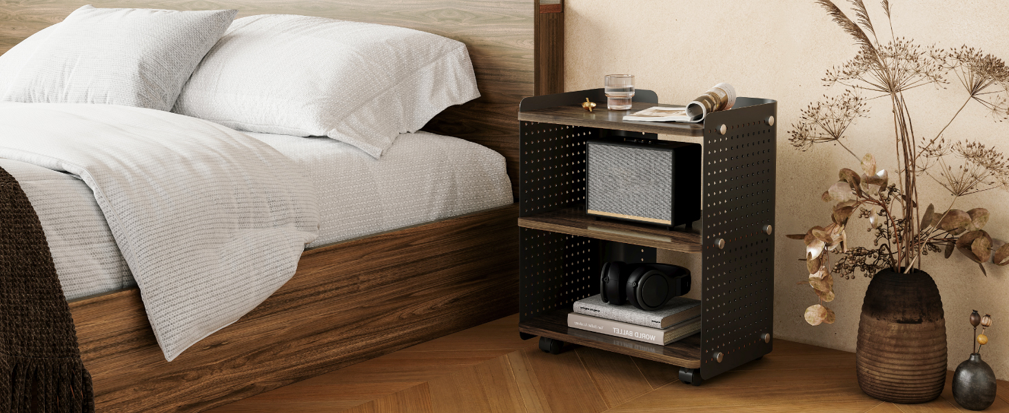 Робочий стіл для принтера Fenge з колесами, мобільний тримач для принтера з перфорованою панеллю, 3 рівні, стійка для принтера/рол-контейнер з органайзером, полиця, шафа для офісу та дому, 45,3x33,5x53,5 см (Коричневий+Чорний)