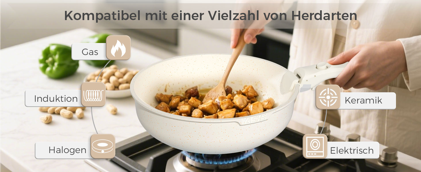 Набір посуду YASHE 9 предметів: каструлі та сковорідки з антипригарним покриттям, білий, для всіх плит, знімний ручка, сумісний з духовкою, компактний, сталевий