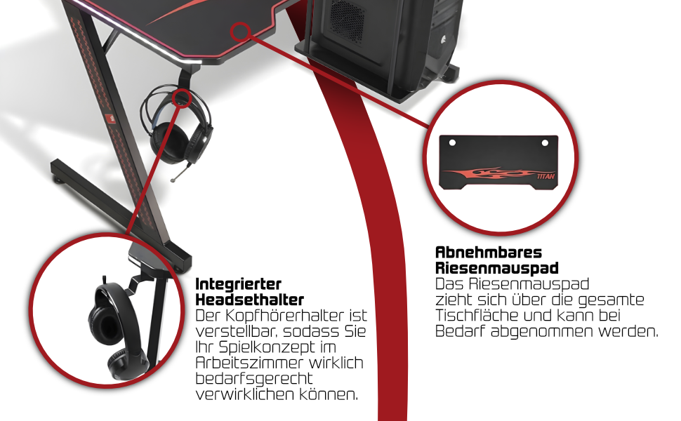 Ігровий стіл MY SIT Titan 140 см з підсвічуванням LED, тримачем для навушників, тримачем для ПК та напоїв, кабельною організацією, чорний