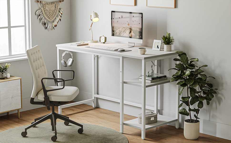 Комп'ютерний стіл CubiCubi з полицями, 100x50 см, білий, для офісу та дому
