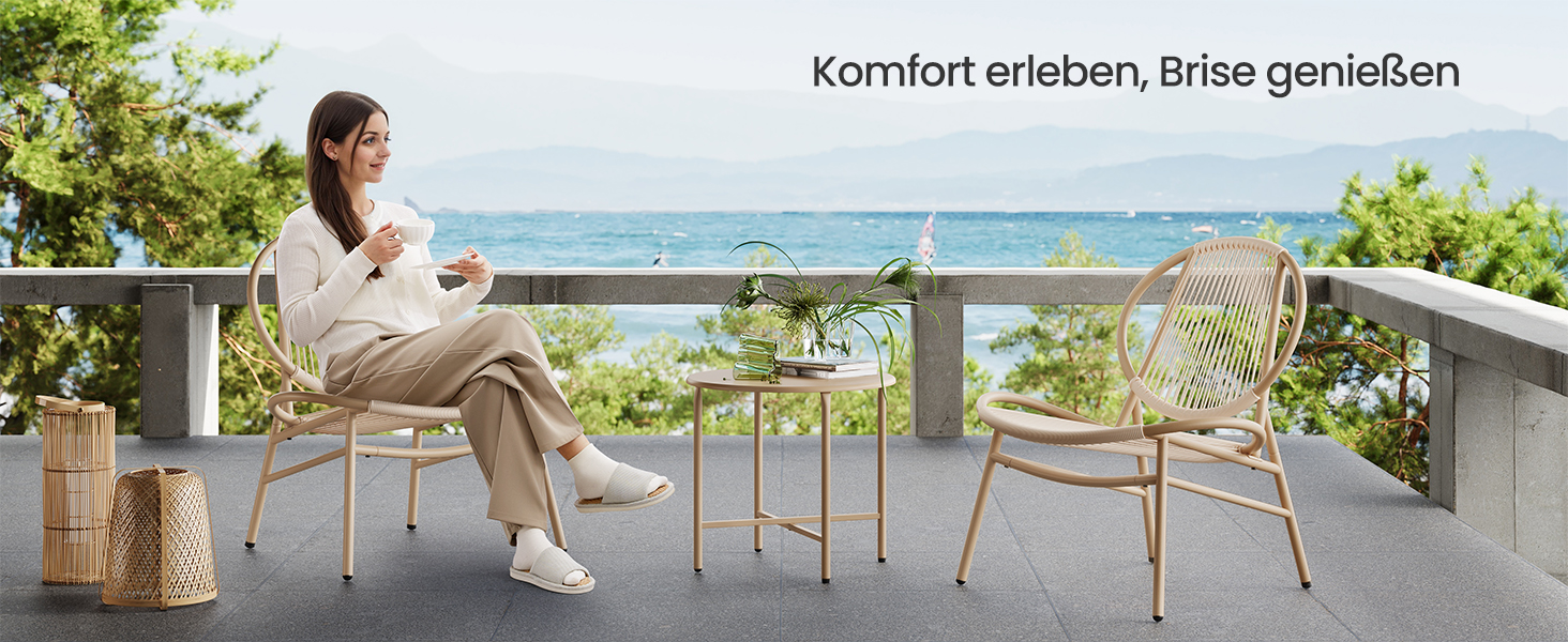 Набір садових меблів SONGMICS з поліротану для балкона та тераси (3 предмети): стіл та 2 крісла, колір – верблюжий