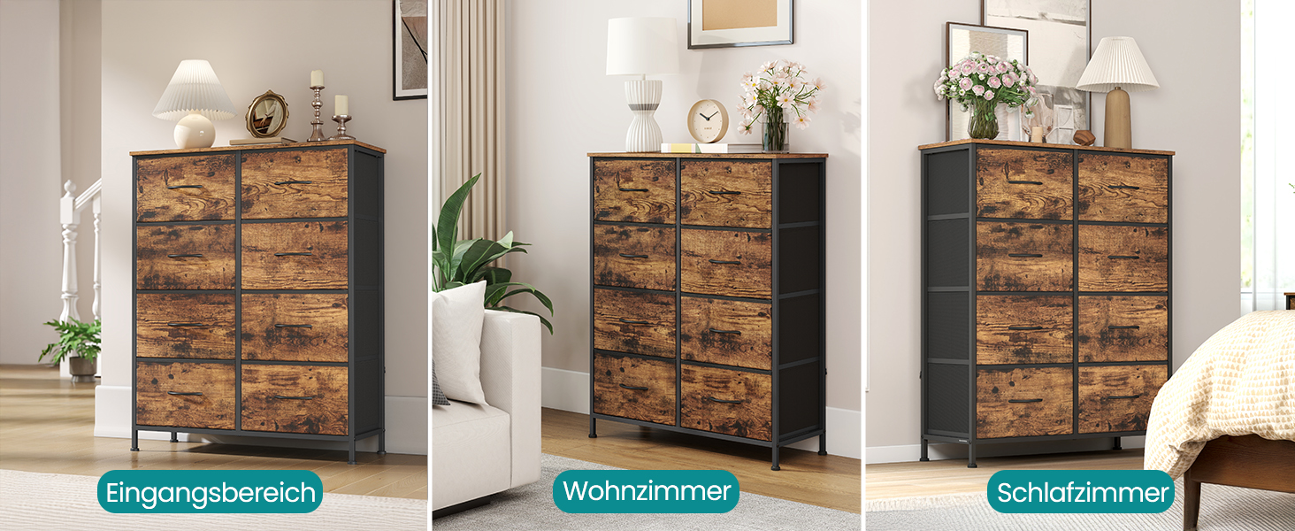 SONGMICS Комод зі 8 висувними ящиками, шафа для зберігання, сталь, МДФ, флізелін, для спальні, прихожої, вітальні, вінтажний коричневий + чорний, LGS124BH04