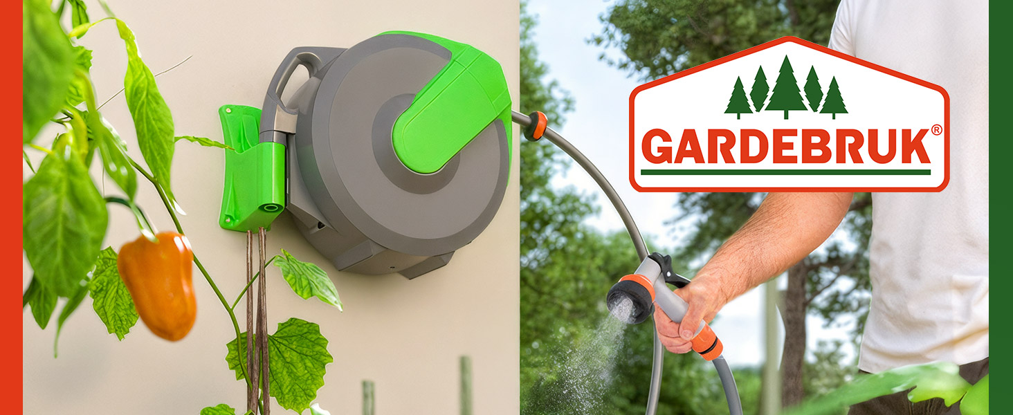 Шланговий барабан Gardebruk® 20м + 2м з кріпленням для стіни, 1/2', для саду, багатофункціональна ручна лійка, система подачі та намотування шланга