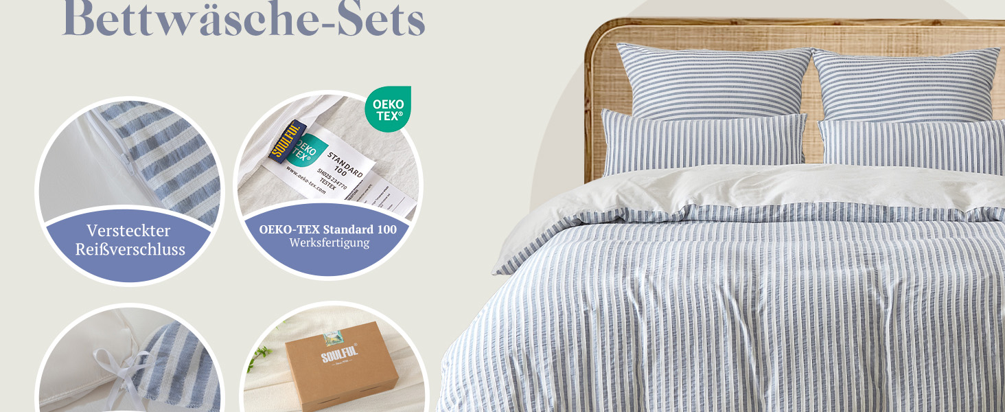Набір постільної білизни SOULFUL 200x200, бавовна, смугастий дизайн, джинсовий колір, преміум-якість, сертифікат Öko-Tex 100, 3 шт. (200x200, 2x80x80)
