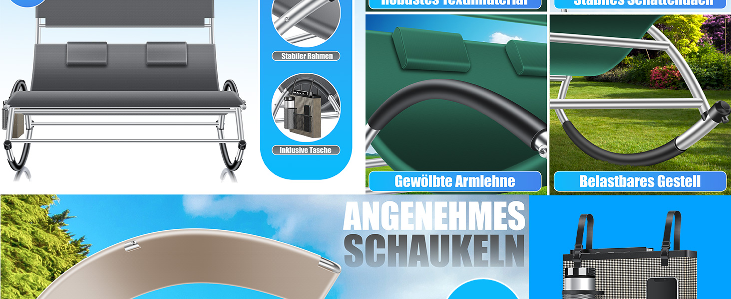 Кесер® Подвійна шезлонг для відпочинку з сонцезахисним дахом, подушкою для голови та кишенею для 2 осіб, чорний