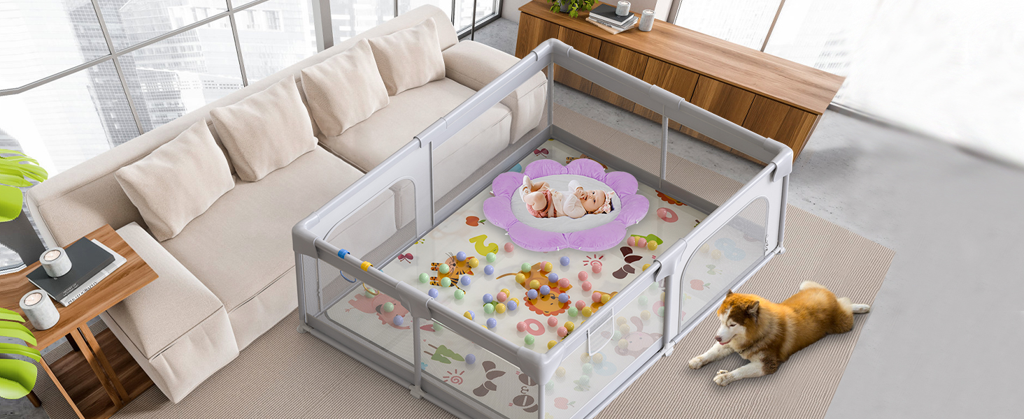 Великий манеж для дітей Palopalo 180x150 см, темно-сірий, з дихаючою сіткою, 2 дверима на блискавці, зносостійка тканина Oxford 300D, для немовлят і малюків