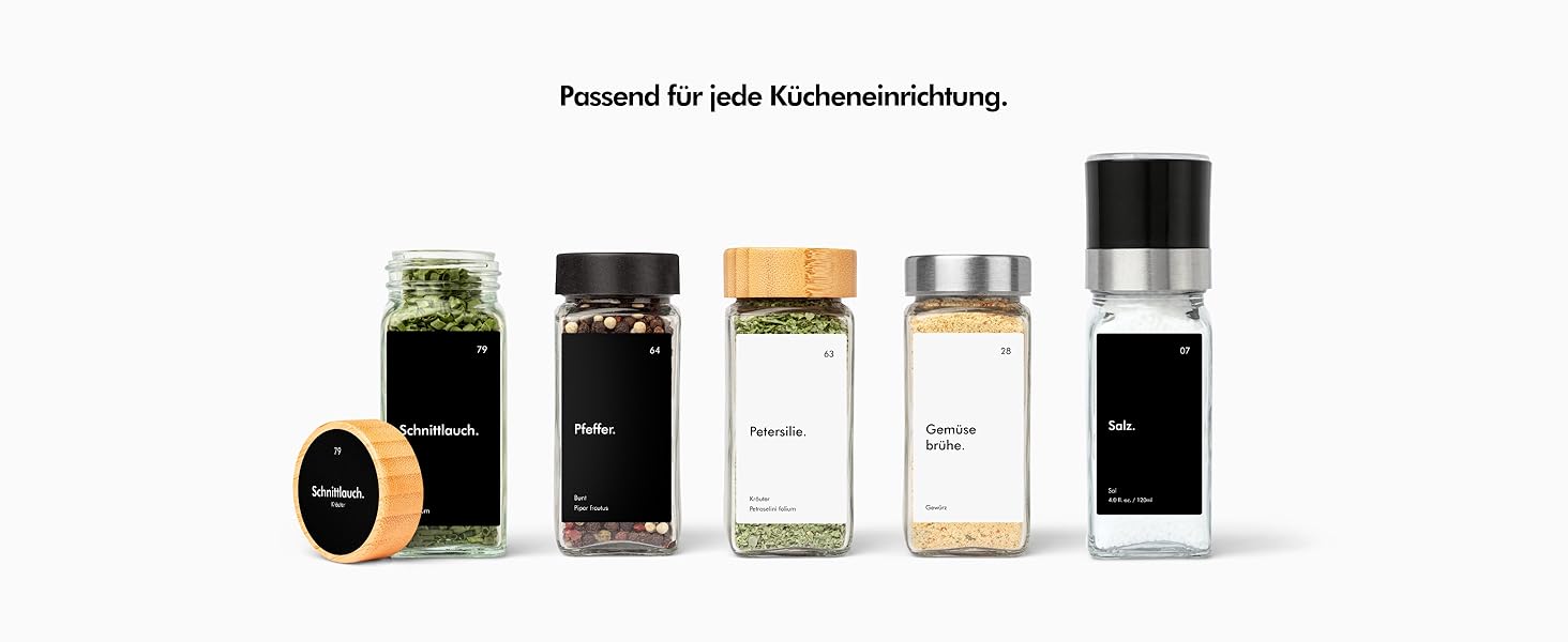 Набір скляних банок для спецій KIVY з дозатором [24x 120 мл] + 240 вологостійких етикеток - герметичні скляні баночки для спецій - набір банок для спецій чорного кольору