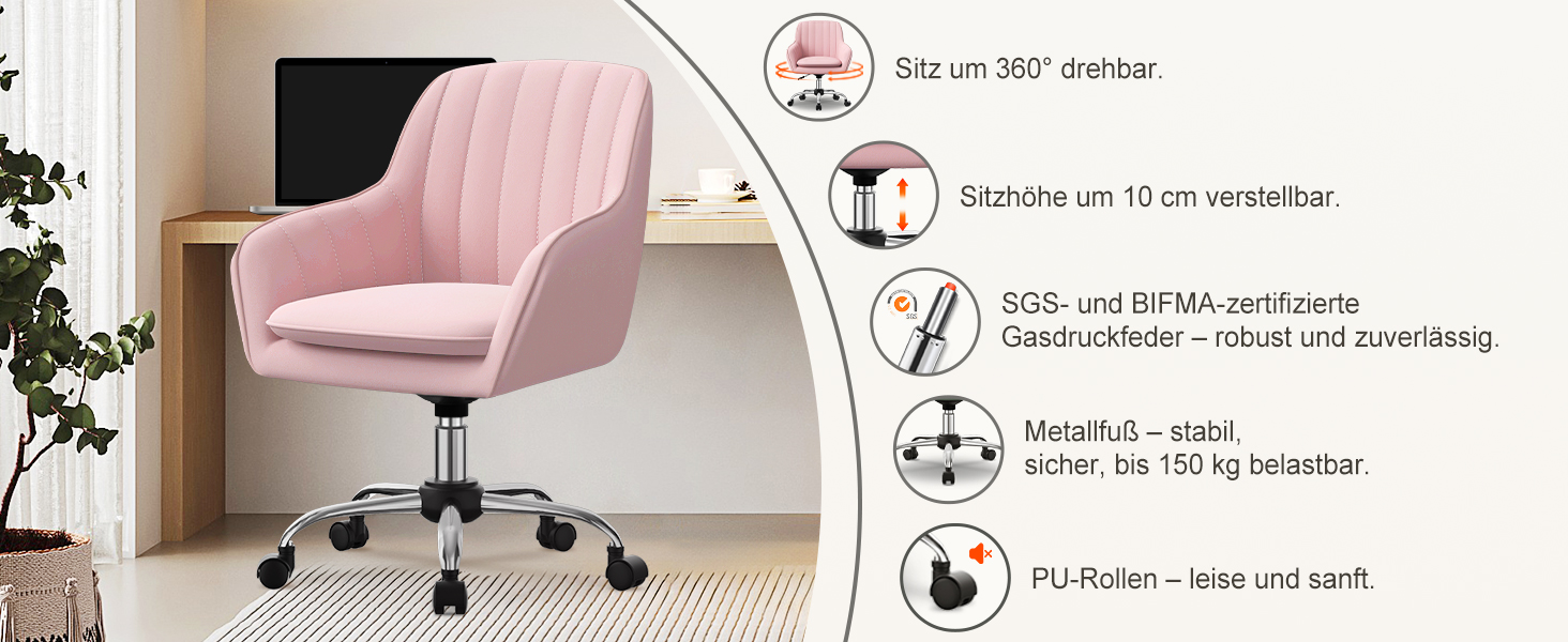 Крісло для робочого столу Daccormax, крісло для туалетного столика, обертове крісло до 150 кг, офісне крісло з регулюванням висоти, крісло для дому з м'якою оксамитовою оббивкою, комфортне для робочого кабінету, спальні, офісу, рожеве/рожеве