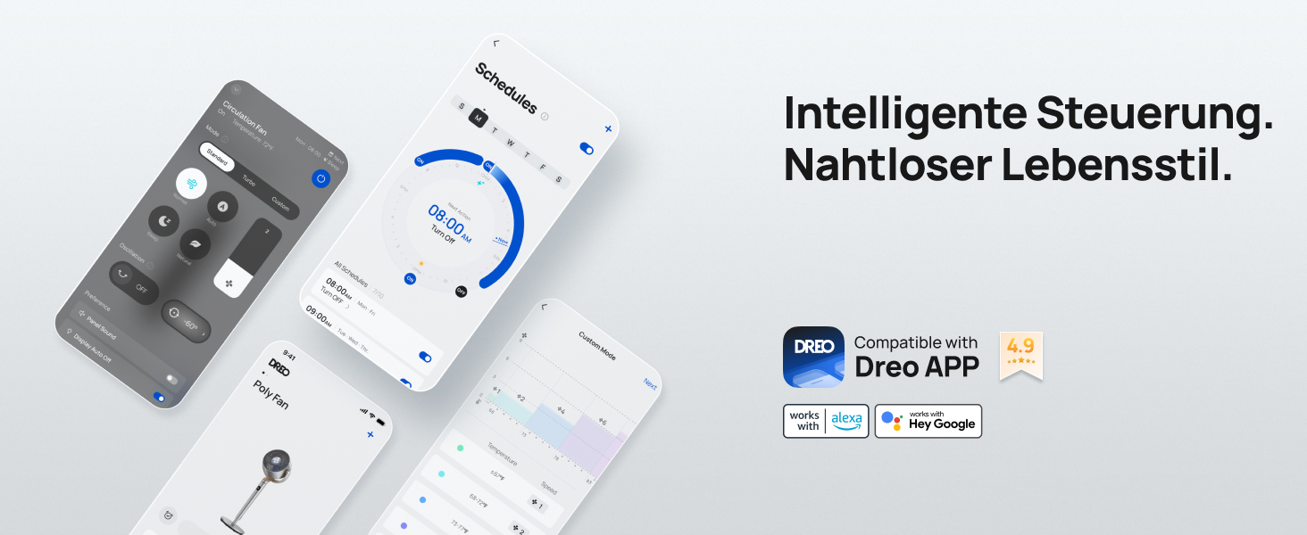 Вентилятор підлоговий Dreo з Wi-Fi, 102 см, 3 режими, 8 швидкостей, 26 м дальність, 1200 м³/год, срібний