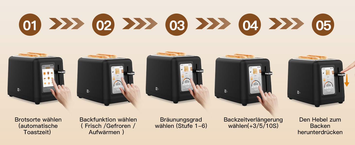 Тостер aeco toastlab Elite 2-слотовий з підставкою для булочок, широкі слоти, 6 рівнів підсмажування, 10 програм, 850W, LCD-дисплей, функція підняття, розморожування, піддон для крихт