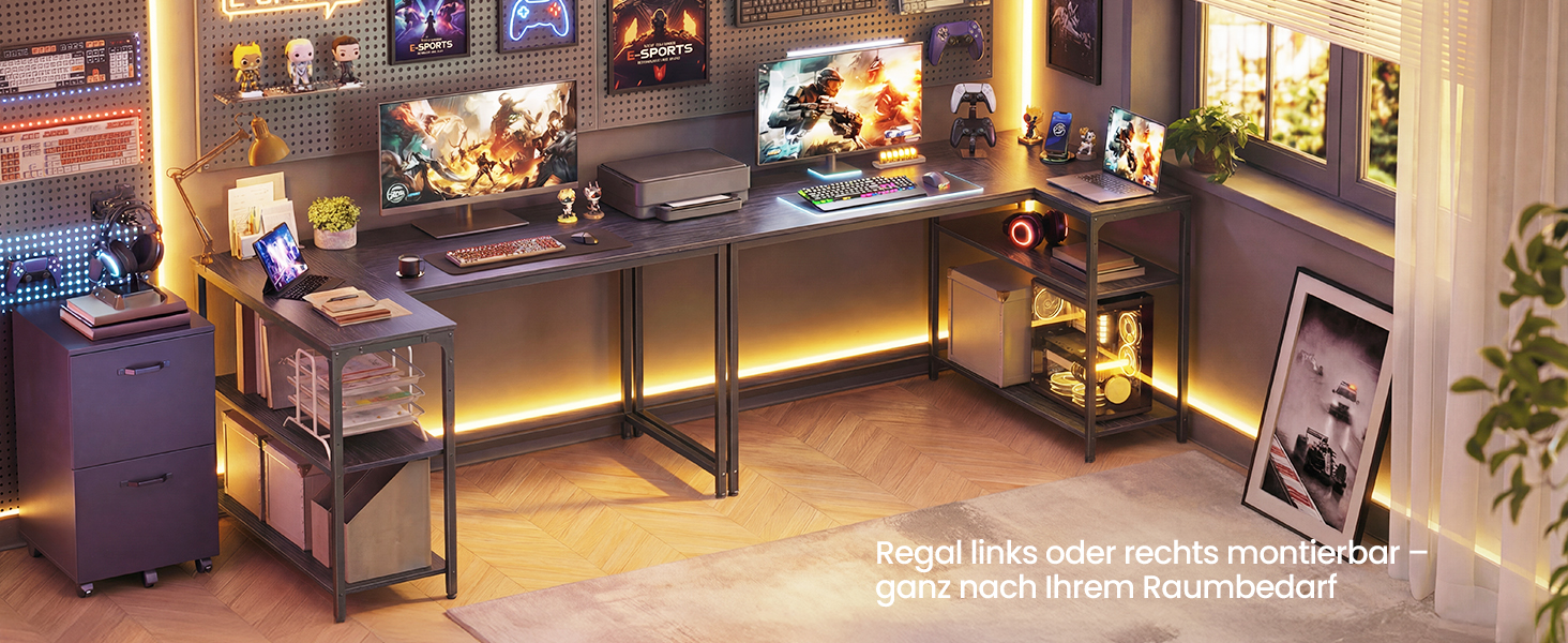 Кутовий стіл VASAGLE L-подібний з полицею, комп'ютерний стіл з місцем для зберігання, офісний стіл для дому, 120 x 80 см, Чорний горіх