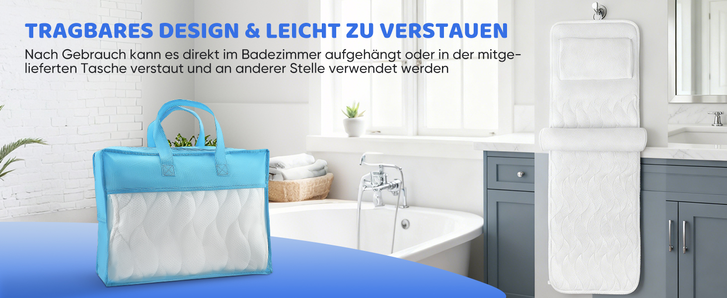 Килимок для ванни з подушкою для тіла 123x40 см, для зросту 160-180 см, швидковисихаючий, для підтримки голови, шиї та спини