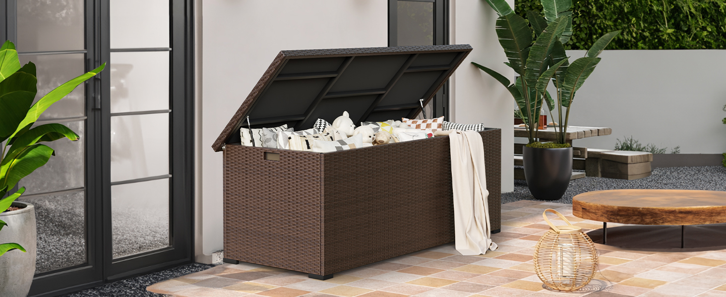 Водонепроникний садовий ящик Amopatio Gartenbox 650л з поліротангу для подушок, металевий з газовими амортизаторами, для саду та балкону, коричневий