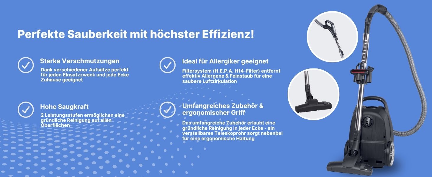 Пилголомник Fakir Black Vac Power: міцний, з мішком, HEPA фільтр H14, 800W, 12м радіус дії, 3л мішок, тиха робота 69dB(A)