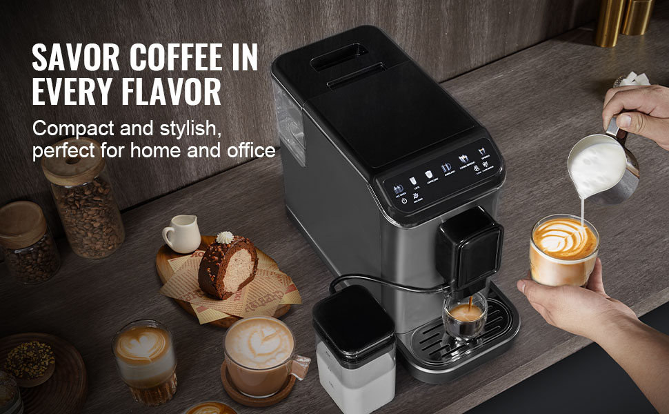 VEVOR Кавомашина автоматична, вбудована кавомолка, 15 ступенів помелу, резервуар для води 1,5 л, контейнер для кавових зерен 180 г (CM9002M-CB)