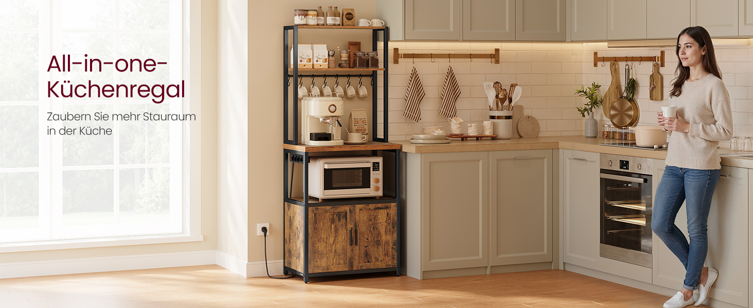 Поличка кухонна VASAGLE з розетками, шафка, стільниця 90 см, напольна полиця з 8 гачками, 40 x 60 x 170 см, вінтажний коричневий + чорний, KKS058K02