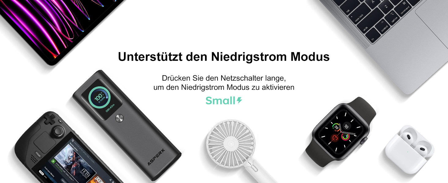 Power Bank AsperX 20000mAh, 165W, 2x USB-C (100W), для ноутбуків, iPhone, MacBook, Samsung, вбудований кабель 60см, TFT-дисплей