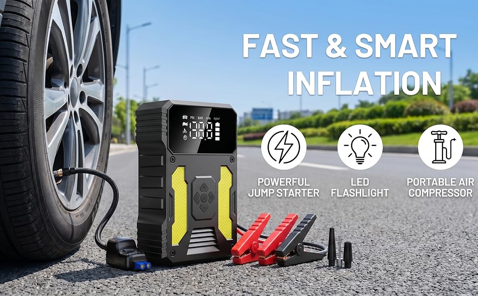 Пусковий пристрій (бустер) для авто 3000A з компресором 150 PSI, портативний Powerbank для PKW, SUV, дизель до 8L, з LED-ліхтарем та PD