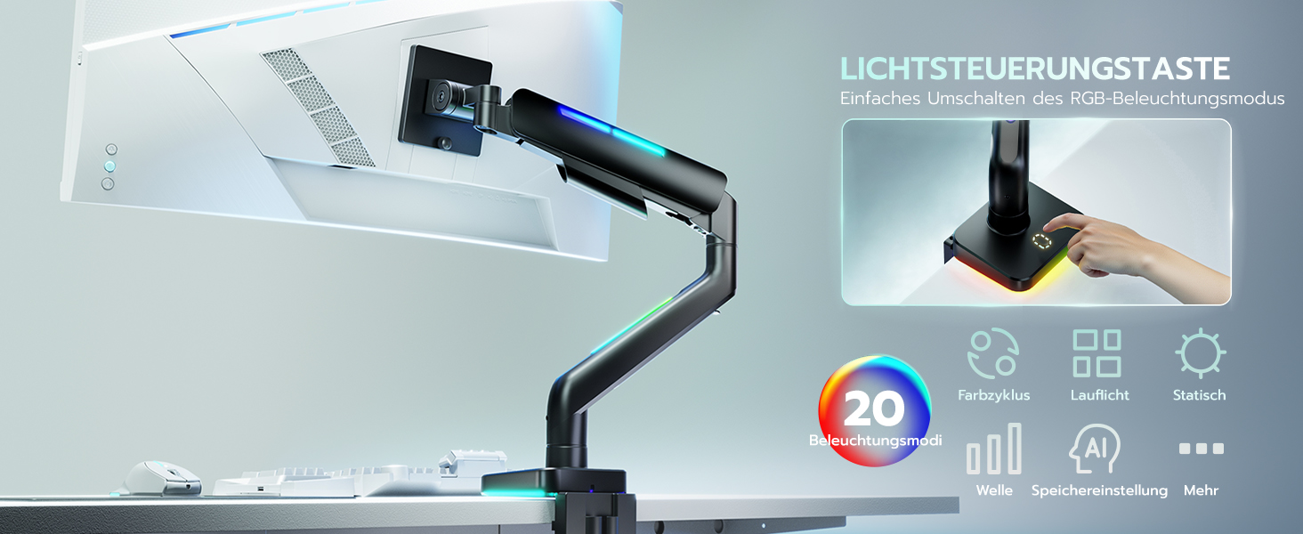 Кріплення для монітора ARES WING Ergonomic RGB, 17-49 дюймів, регульоване по висоті, поворотне, нахилене, RGB LED (білий/чорний)