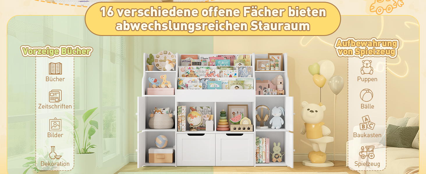 FOREHILL Дитяча полиця-стелаж для іграшок та книг, меблі для дитячої кімнати з ящиками, 122 x 30 x 100 см (білий)