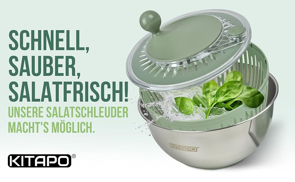 Салатниця-швидкоочисник з нержавіючої сталі з ручним приводом, 4.5л [2-в-1, випуск води, придатна для миття в посудомийній машині, неслизька]