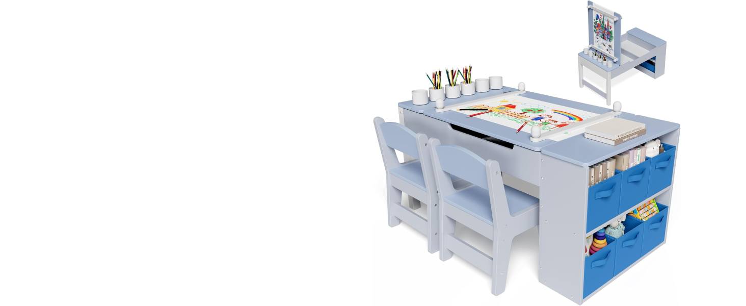Дитячий стіл зі стільцями, комплект з дерева, дитяча група сидіння з місцем для зберігання, стіл для малювання з рулоном паперу, стіл для малювання та рукоділля для дітей від 3 років (Блакитний)