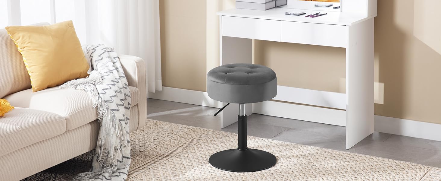 Крісло для туалетного столика WOLTU BH329sz-1, пуф з місцем для зберігання, регульована висота, обертається на 360°, сірий велюр