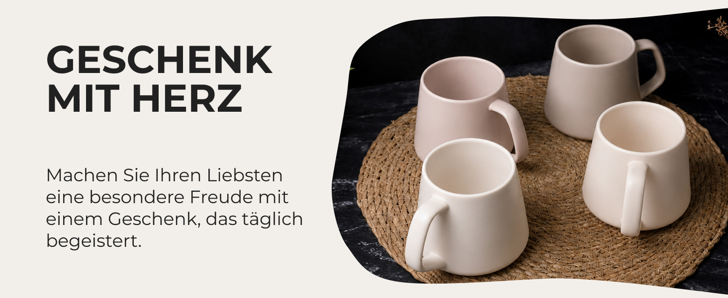 Набір керамічних чашок для кави та чаю MIAMIO Luxe (4 шт, 420 мл), Cream Rose — для капучино та еспресо, підходять для мікрохвильової печі та посудомийки