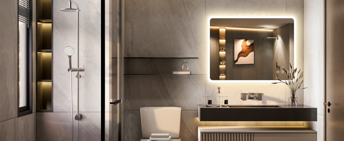 Дзеркало для ванної кімнати GIMBELEN LED з підсвічуванням 80x60 см, прямокутне, сенсорне керування, регулювання яскравості, 3 кольори світла, антизапарник, вертикальна/горизонтальна установка