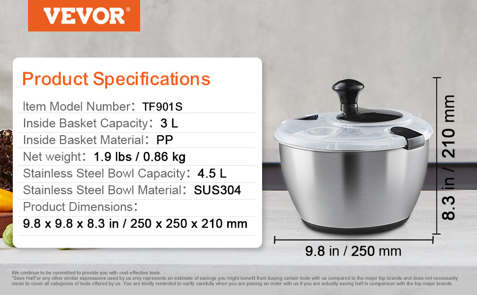 Швидка салатниця VEVOR TF901S з нержавіючої сталі SUS304, 4.5L