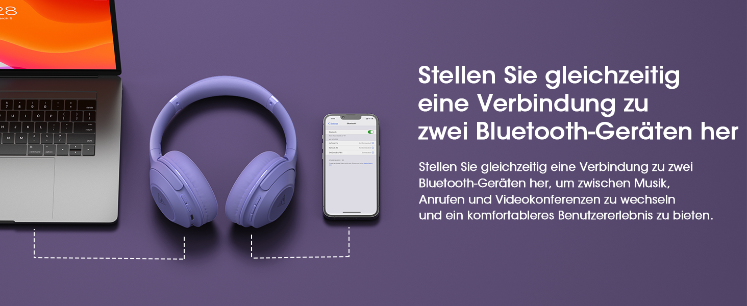 Накладні навушники DOQAUS Bluetooth, 70 годин відтворення, 3 режими еквалайзера, складні, BT 5.3, фіолетовий