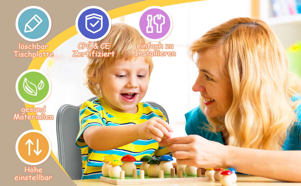 Дитячий стіл та стільці FUNLIO, регульовані по висоті, для дітей 3-8 років, миючий стіл, для класу/дитсадка/дому, сертифікований CPC (3 шт.) - сірий, 59.7 см x 59.7 см