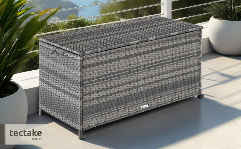 Скриня для саду Tectake з ротангу (поліротанг) чорна, 297л, 117x54x64 см - водонепроникна, з кришкою, на колесах, для тераси, балкону