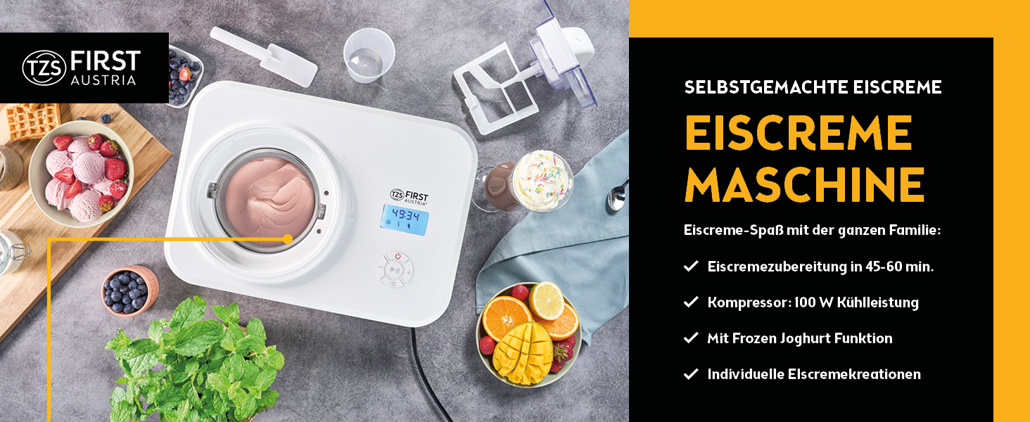 Електрична машина для приготування морозива TZS First Austria 1L з компресором 3 в 1 - для морозива, сорбету та замороженого йогурту. Включає мірний стакан та шпатель.