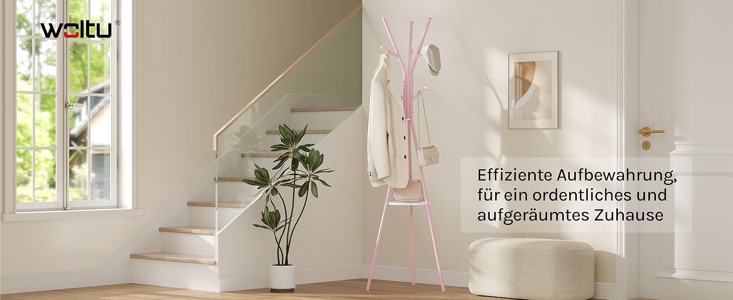 Вільна стійка для одягу WOLTU у формі дерева з полицею та 9 гачками, для одягу, шапок, сумок, біла, металева (рожева)