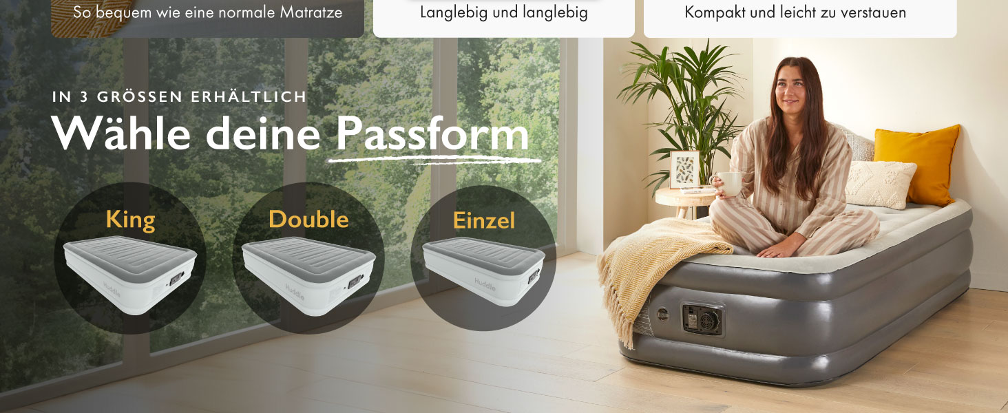 Надувне ліжко Huddle Lite з вбудованим насосом – комфортна матрац для кемпінгу, гостей та запасних кімнат (одинарне, двоспальне, king size)